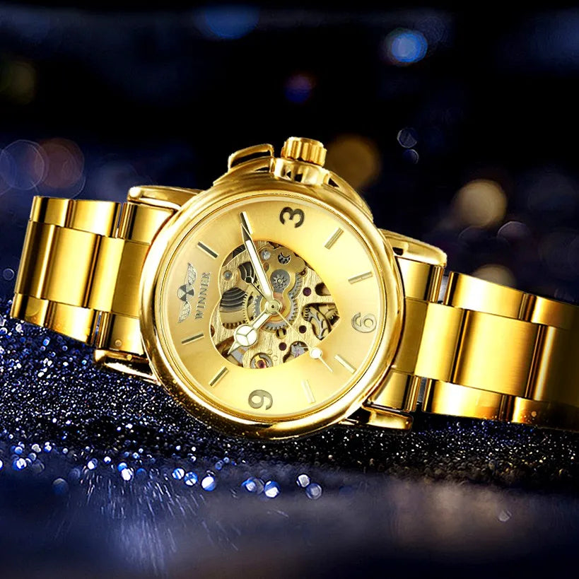 Women's Automatic Skeleton Watch, Elegant Gold Style