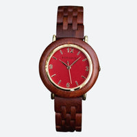Women's wooden watch with a clean dial and natural colors: red on a gray background
