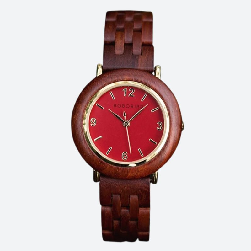Women's wooden watch with a clean dial and natural colors: red on a gray background
