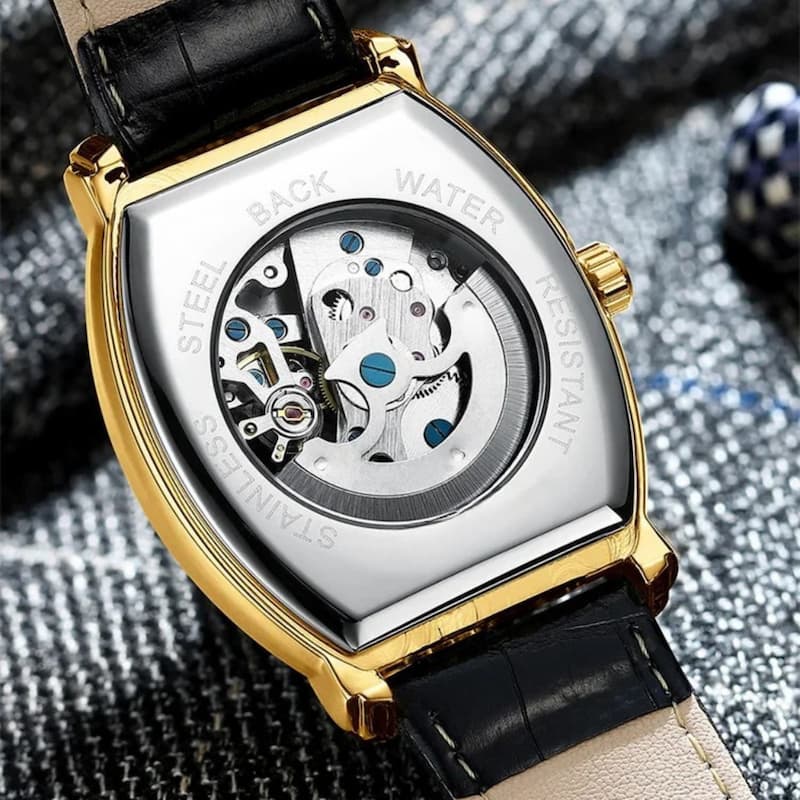 Men's Automatic Tonneau Watch with Visible Movement