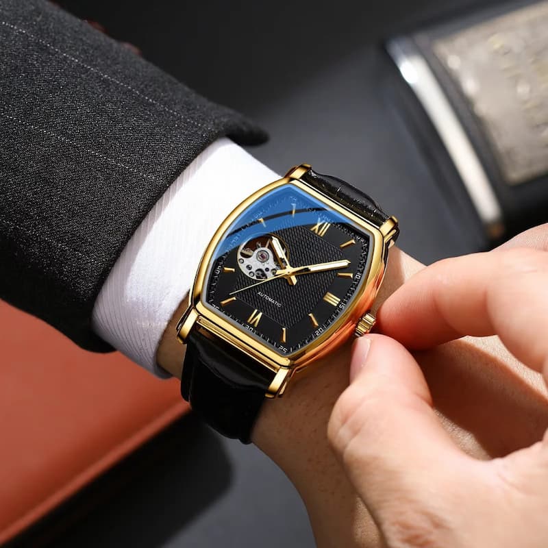 Men's Automatic Tonneau Watch with Visible Movement