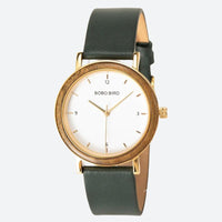 Colorful Wooden Women's Watch with Minimalist Gold Dial, Green on Gray Background