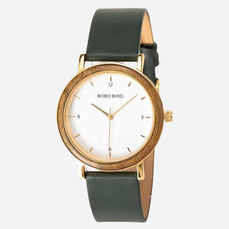 Colorful Wooden Women's Watch with Minimalist Gold Dial, Green on Gray Background