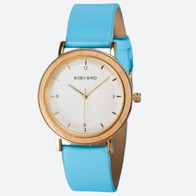 Colorful Wooden Women's Watch with Minimalist Gold Dial, Blue on Gray Background