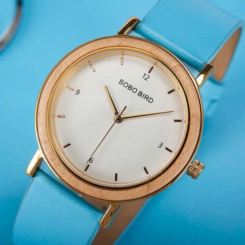 Colorful Wooden Women's Watch with Minimalist Gold Dial