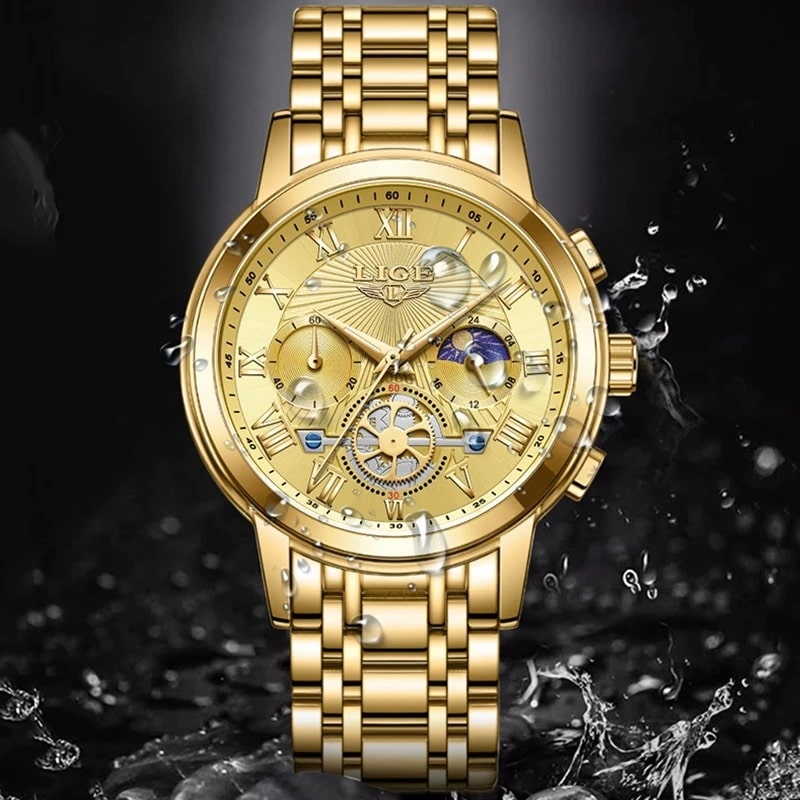 Gold-tone women's chronograph watch with moon phase and mechanical movement