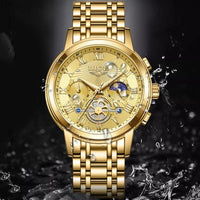 Gold-tone women's chronograph watch with moon phase and mechanical movement