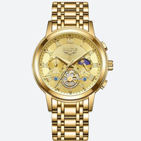 Gold-tone women's chronograph watch with moon phase and mechanical movement