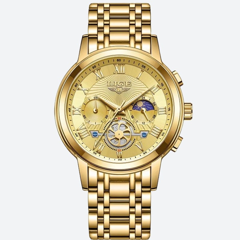 Gold-tone women's chronograph watch with moon phase and mechanical movement