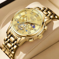 Gold-tone women's chronograph watch with moon phase and mechanical movement