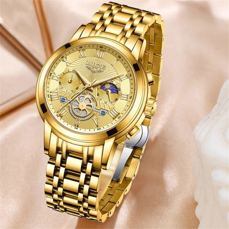 Gold-tone women's chronograph watch with moon phase and mechanical movement