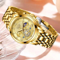 Gold-tone women's chronograph watch with moon phase and mechanical movement