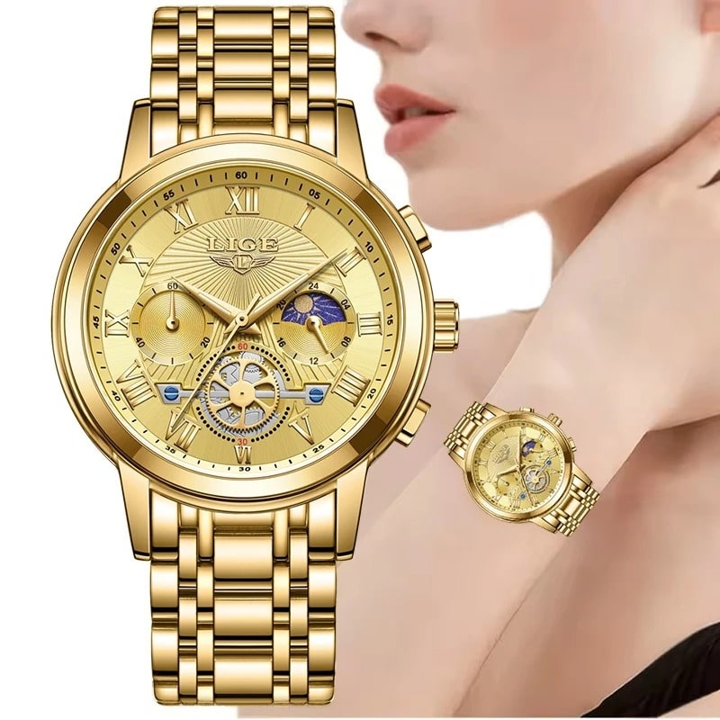 Gold-tone women's chronograph watch with moon phase and mechanical movement