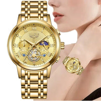 Gold-tone women's chronograph watch with moon phase and mechanical movement
