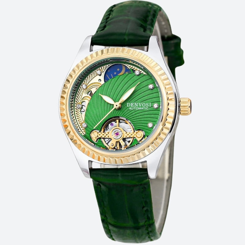 Women's Chronograph Watch with Gold Bezel, Waterproof, 30mm, Green on Grey Background