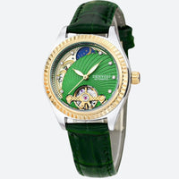 Women's Chronograph Watch with Gold Bezel, Waterproof, 30mm, Green on Grey Background