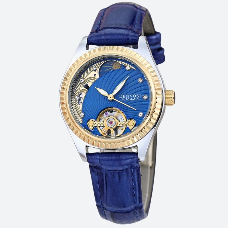 Women's Chronograph Watch with Gold Bezel, Waterproof, 30mm, Blue on Grey Background