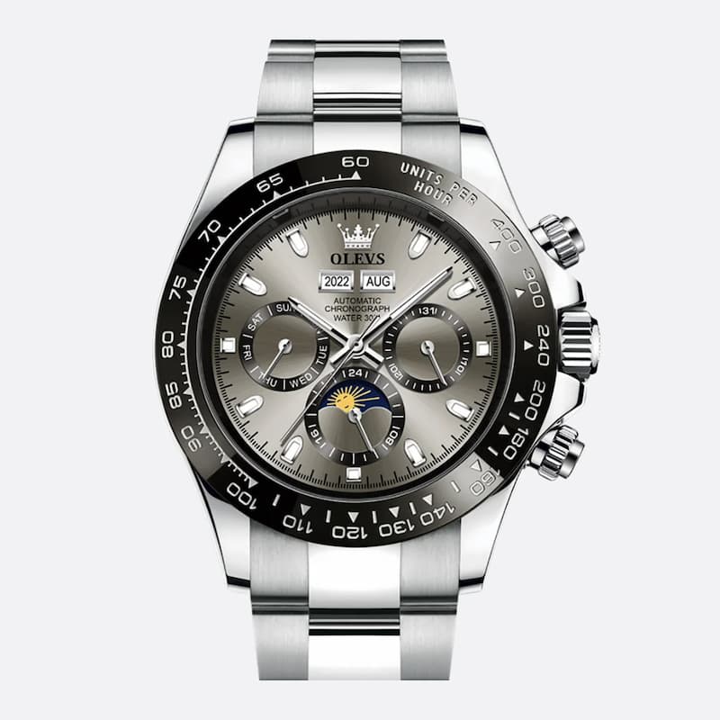 Men's Stainless Steel Chronograph Watch with Moon Phase