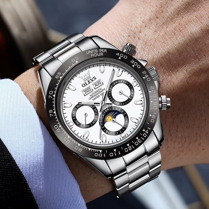 Men's Stainless Steel Chronograph Watch with Moon Phase