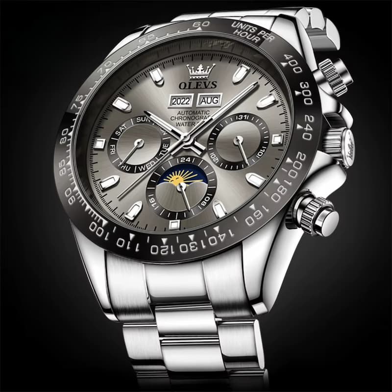 Men's Stainless Steel Chronograph Watch with Moon Phase
