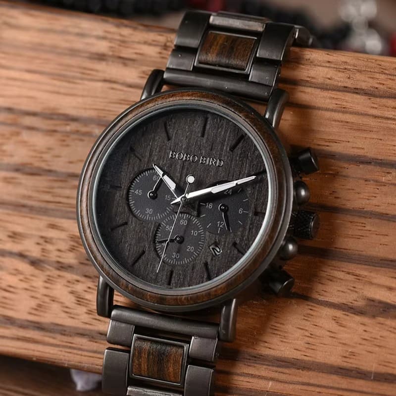 Men's Wooden Chronograph and Steel Watch, Sport Function