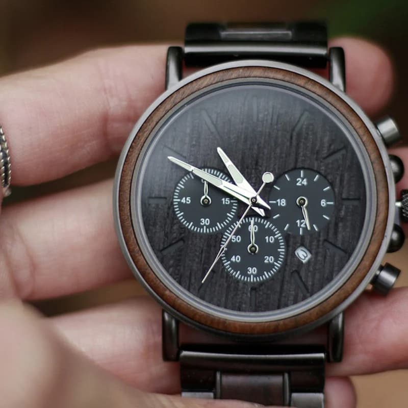 Men's Wooden Chronograph and Steel Watch, Sport Function