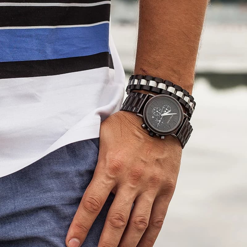 Men's Wooden Chronograph and Steel Watch, Sport Function