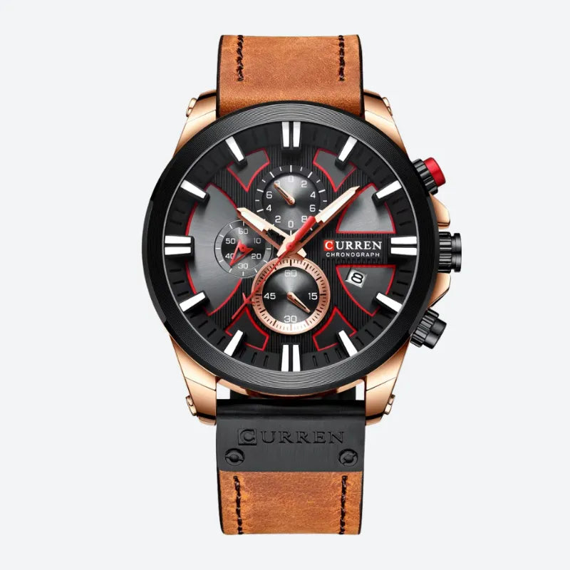 Men's Quartz Chronograph Watch, Large Case, Leather Strap