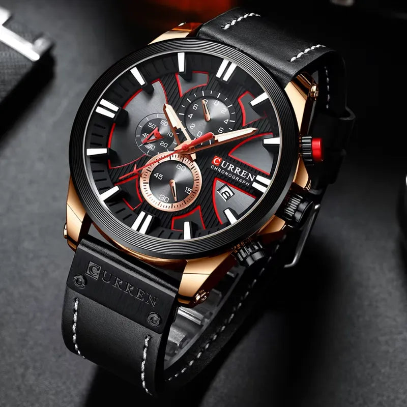 Men's Quartz Chronograph Watch, Large Case, Leather Strap