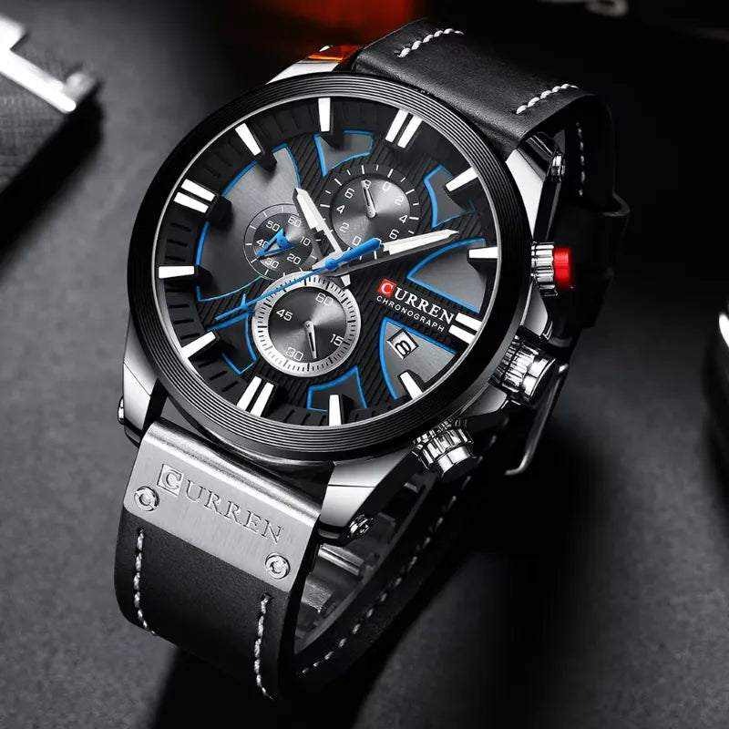Men's Quartz Chronograph Watch, Large Case, Leather Strap