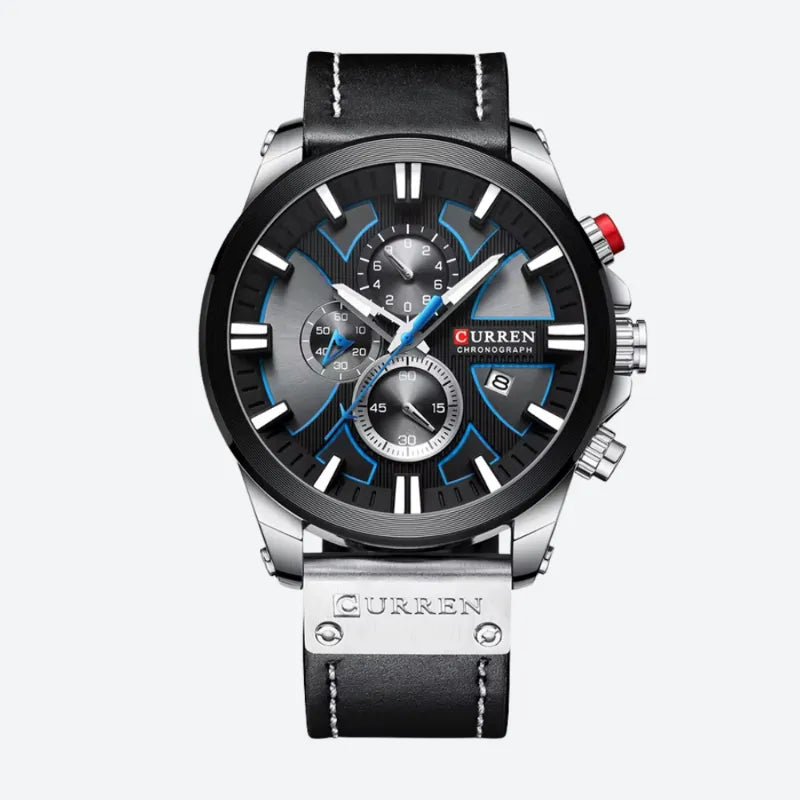 Men's Quartz Chronograph Watch, Large Case, Leather Strap
