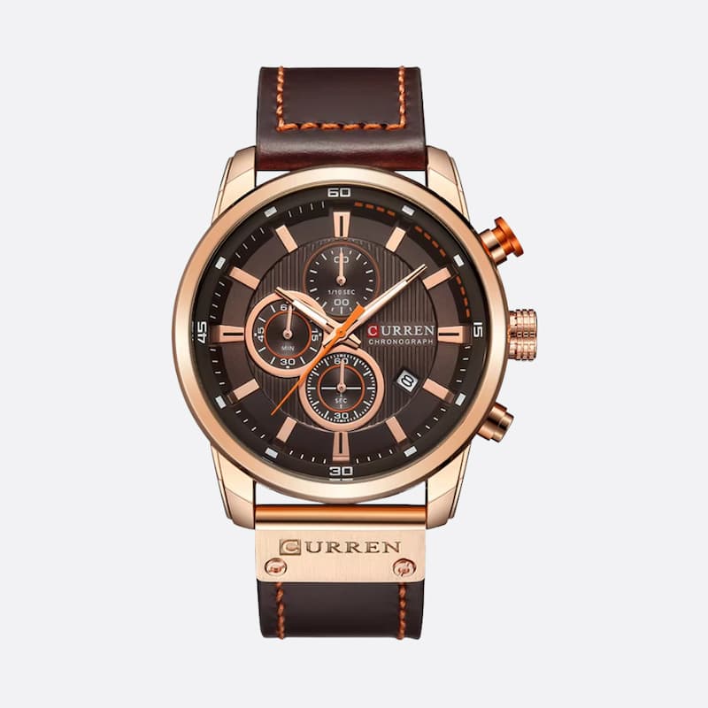 Men's Quartz Chronograph Watch, Waterproof with Leather Strap