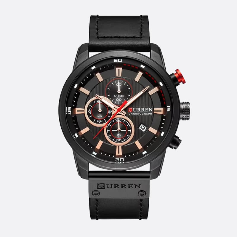 Men's Quartz Chronograph Watch, Waterproof with Leather Strap