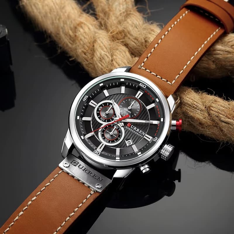 Men's Quartz Chronograph Watch, Waterproof with Leather Strap