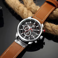 Men's Quartz Chronograph Watch, Waterproof with Leather Strap