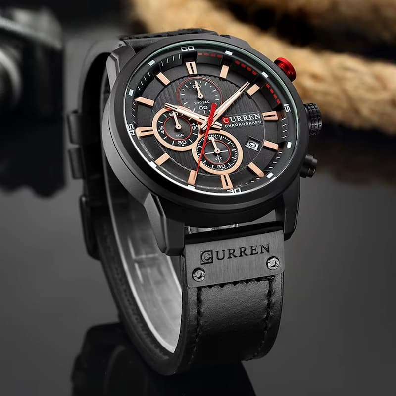 Men's Quartz Chronograph Watch, Waterproof with Leather Strap