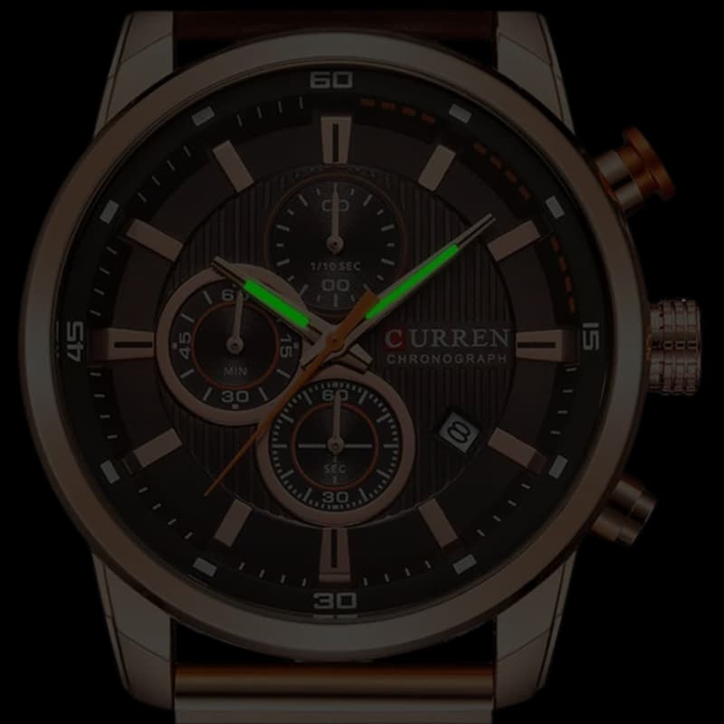Men's Quartz Chronograph Watch, Waterproof with Leather Strap