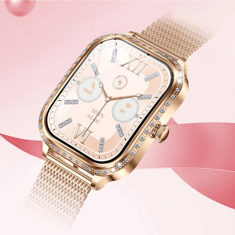 Women's Smartwatch with Rose Gold Dial and Rhinestones