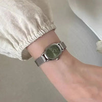 Women's Oval Stainless Steel Watch with Minimalist Green Dial