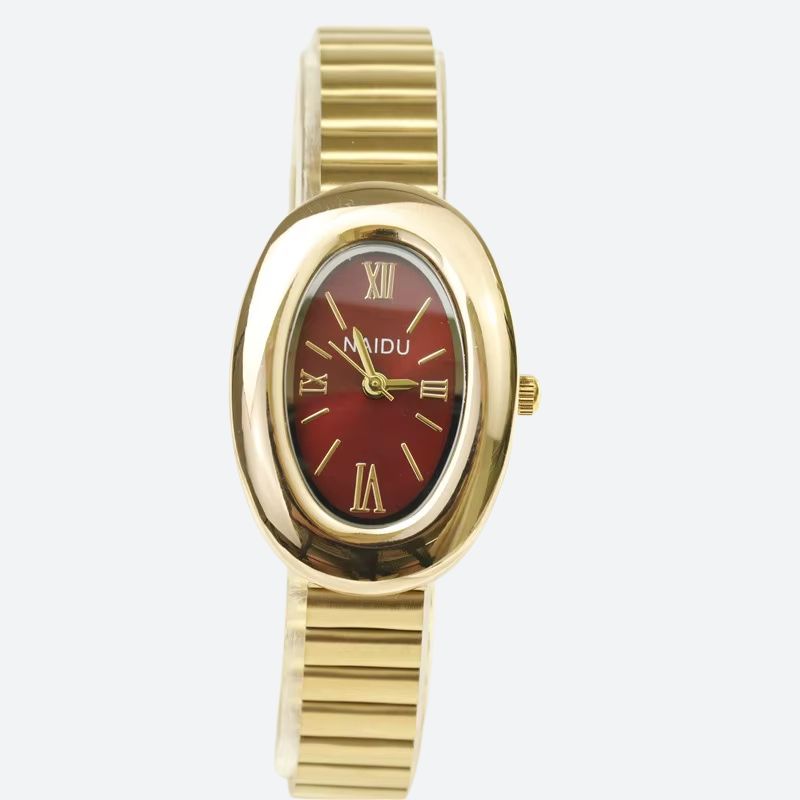 Women's Oval Gold Watch with Alloy Bracelet, Small Quartz Dial