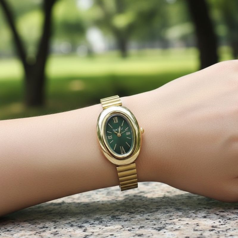 Women's Oval Gold Watch with Alloy Bracelet, Small Quartz Dial