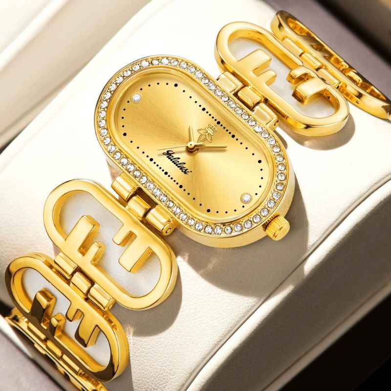 Women's Oval Gold Watch with Graphic Bracelet