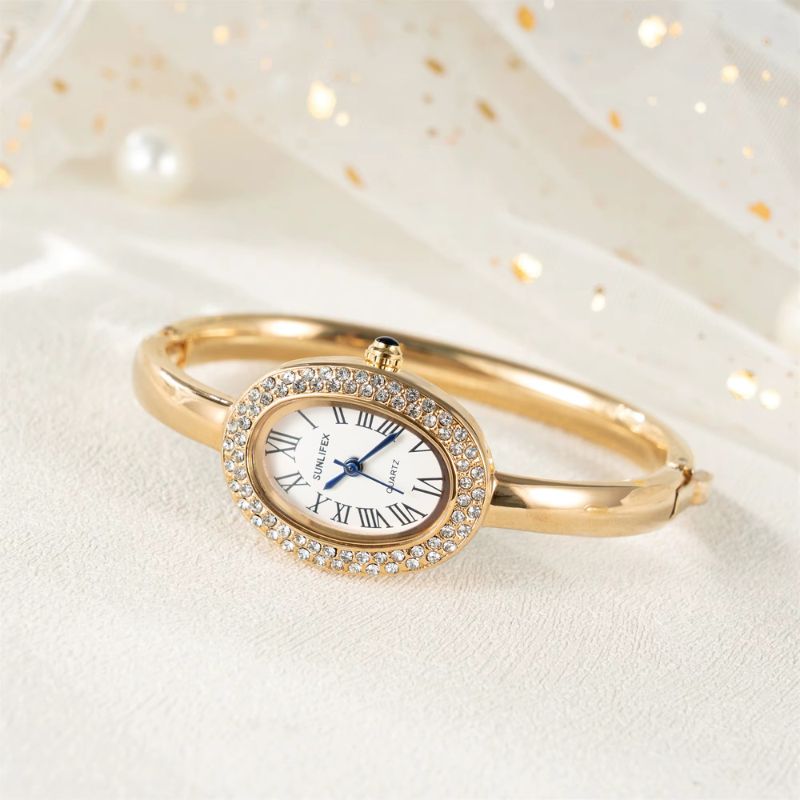 Women's Oval Gold Rhinestone Watch with Roman Numeral Dial, Quartz Movement