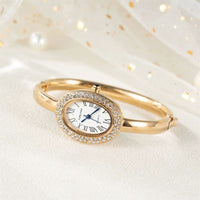 Women's Oval Gold Rhinestone Watch with Roman Numeral Dial, Quartz Movement