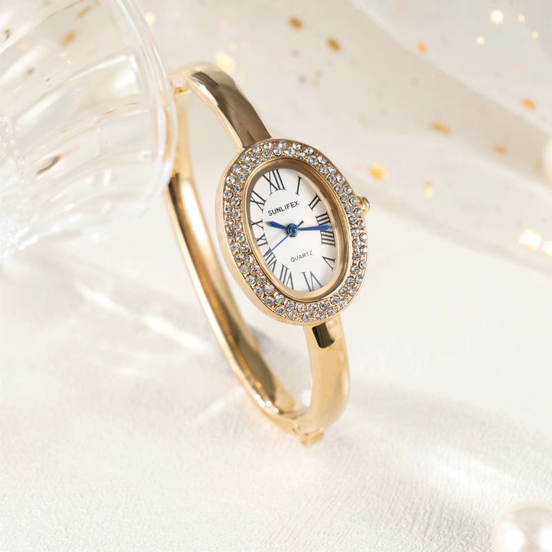 Women's Oval Gold Rhinestone Watch with Roman Numeral Dial, Quartz Movement
