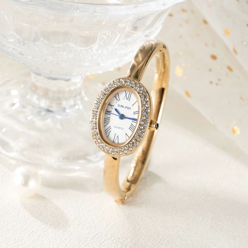 Women's Oval Gold Rhinestone Watch with Roman Numeral Dial, Quartz Movement