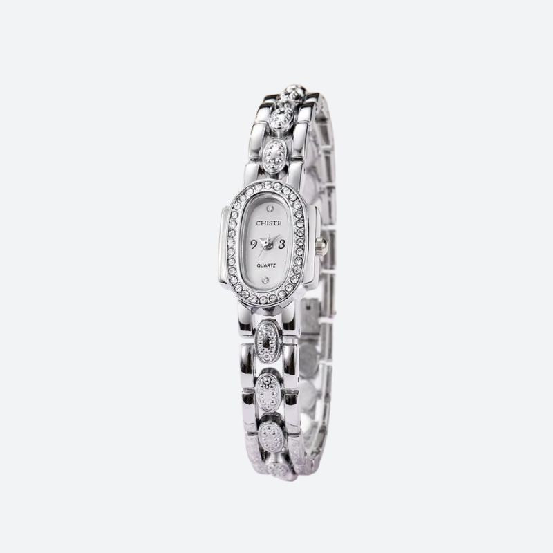 Elegant Women's Quartz Watch with Oval Dial Set with Rhinestones and Crystals