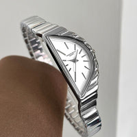 Elegant Women's Quartz Watch with Triangular Dial and Rigid Wavy Bracelet