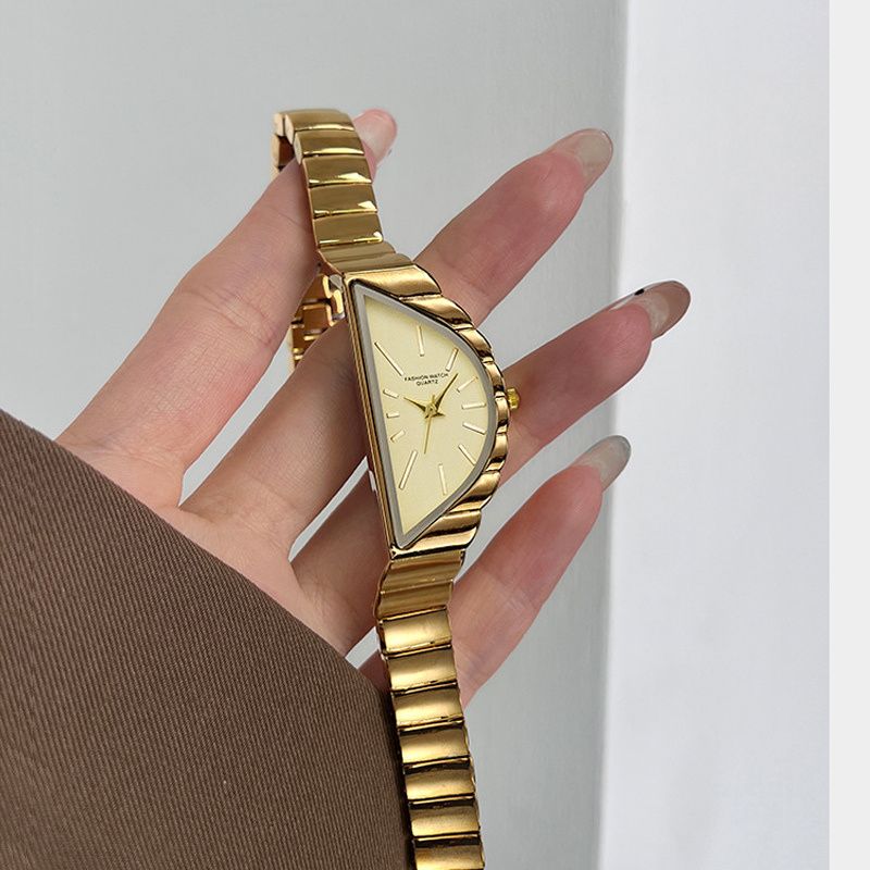 Elegant Women's Quartz Watch with Triangular Dial and Rigid Wavy Bracelet