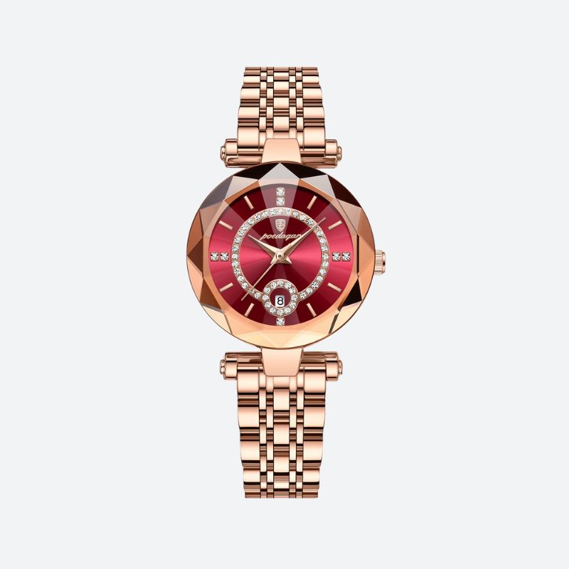 Elegant Women's Faceted Quartz Watch with Date Display and Rhinestones Image